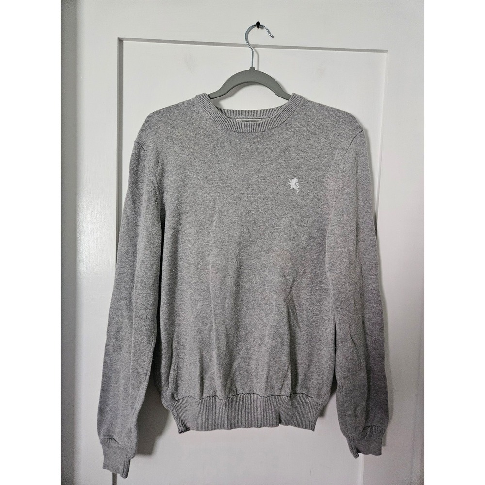 Express Men Crewneck Sweater Small Gray Knit Embroidered Lion Logo Lightweight